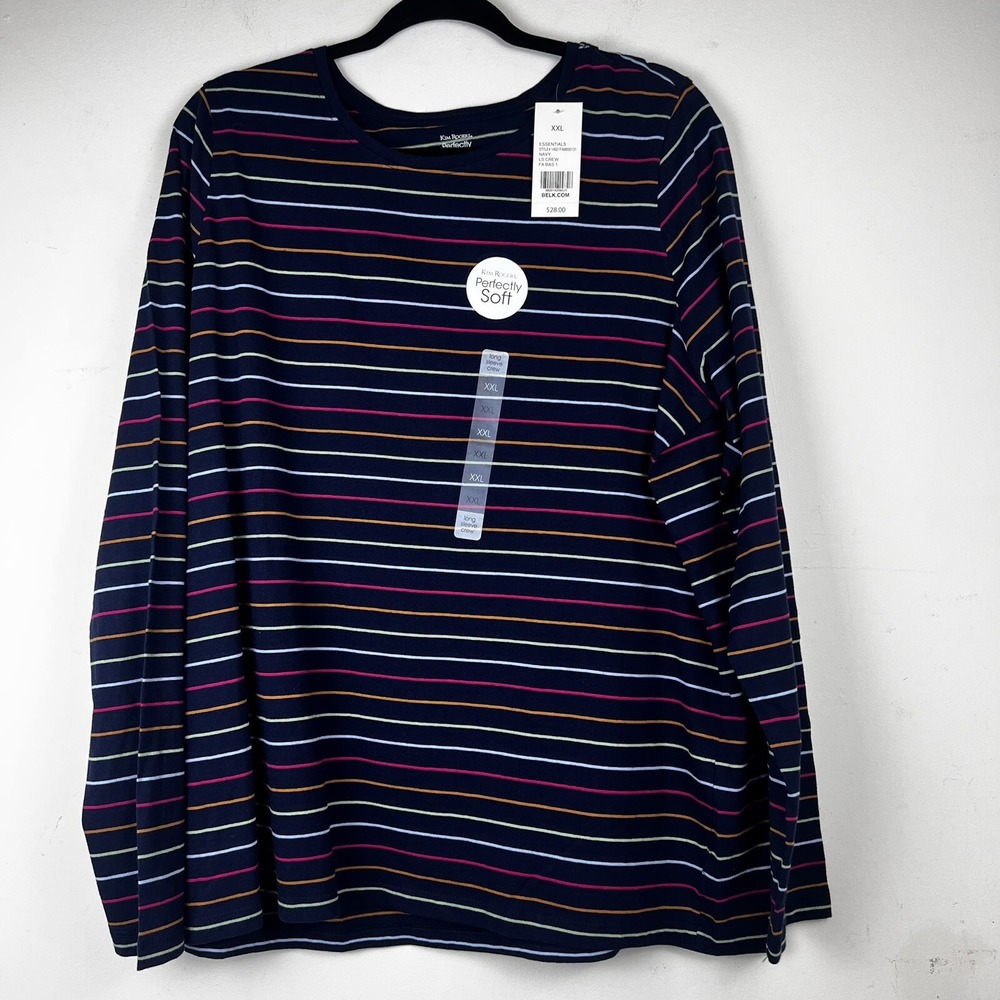 Kim Rogers Perfectly Soft Navy Striped Long Sleeve Crew Neck Top XXL NEW